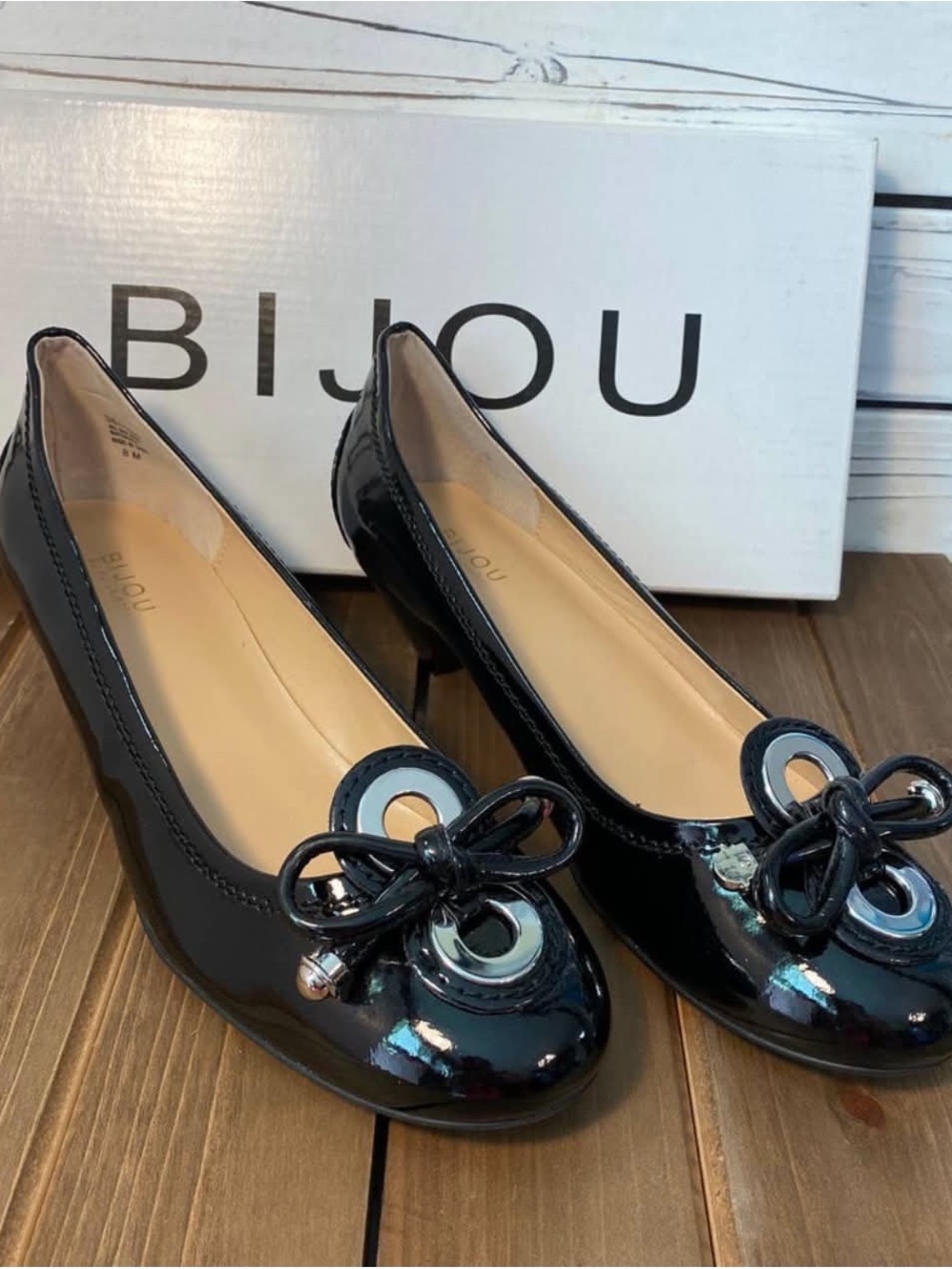 Bijou Black Patent Ballet Flats with Bow Accent